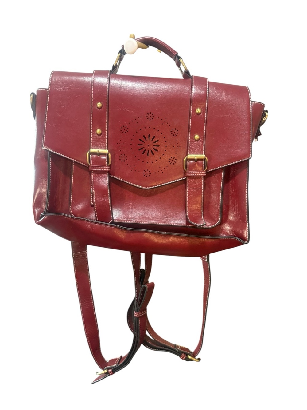 Classic Red Faux Leather Backpack Satchel with Laser-Cut Detail